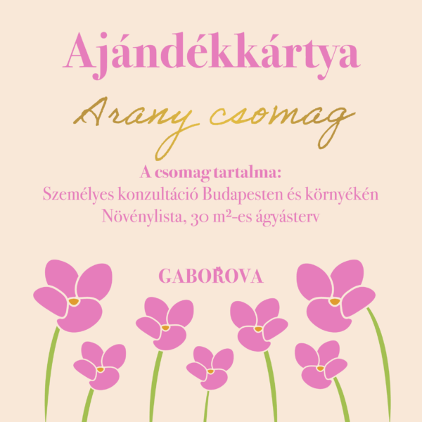 Arany ajándékkártya kerttervezési szolgáltatáshoz, komplex tervezési és tanácsadási csomag